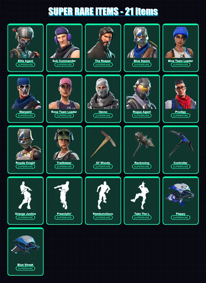 [PC/XBOX] | Elite Agent | Sub Commander | The Reaper | Blue Squire | Blue Team Leader | 60 skin | 38 pickaxe | 54 emote | 42 glider | Lv449