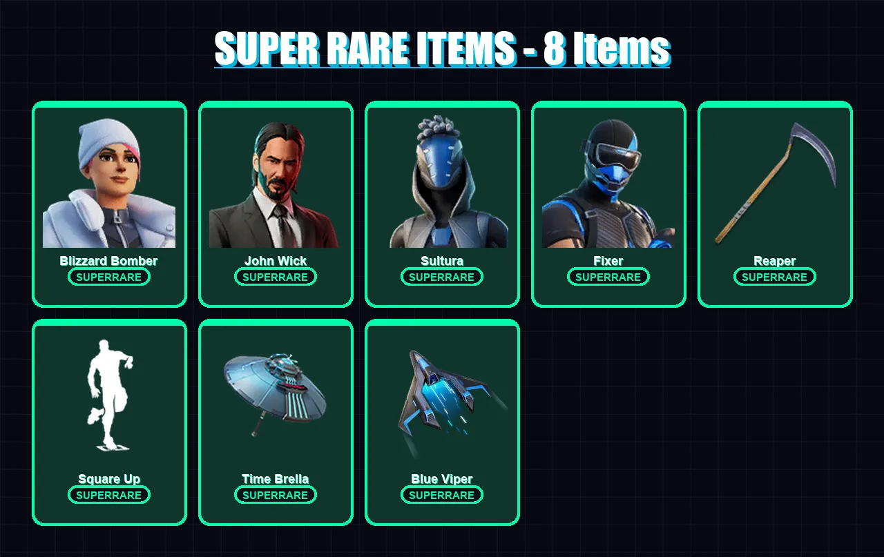 [PS4/PS5/XBOX/PC] | Blizzard Bomber | John Wick | Sultura | Fixer | Mizuki | 106 skin | 148 pickaxe | 110 emote | 124 glider | Lv2345