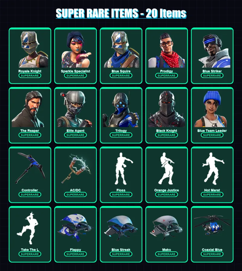 [PS4/PS5/XBOX/PC] | Royale Knight | Sparkle Specialist | Blue Squire | Prodigy | Blue Striker | 39 skin | 45 pickaxe | 58 emote | 46 glider | Lv704