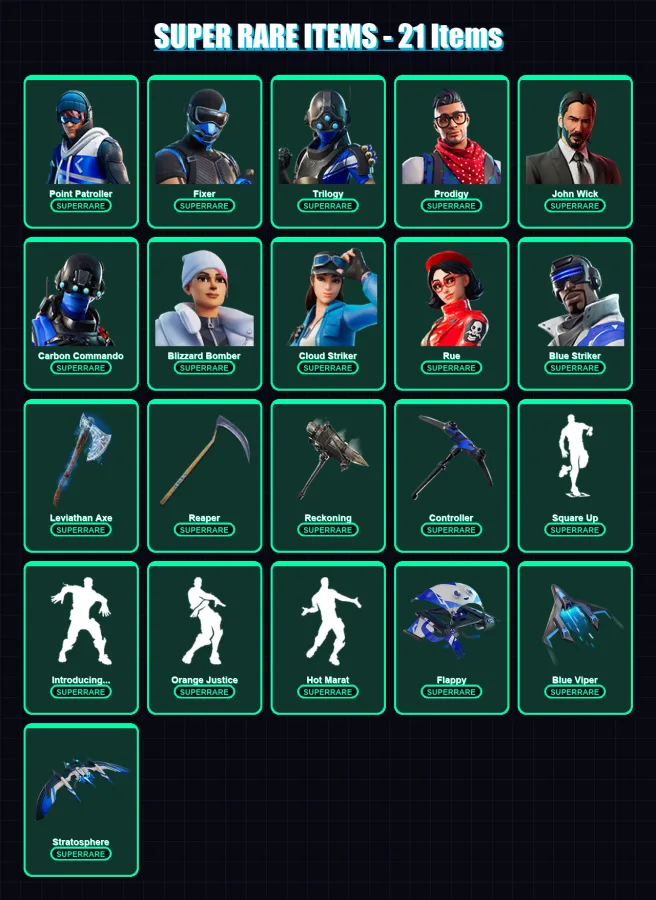 [PC/XBOX/PSN] | Point Patroller | Fixer | Trilogy | Prodigy | John Wick | 130 skin | 141 pickaxe | 122 emote | 114 glider | Lv1606