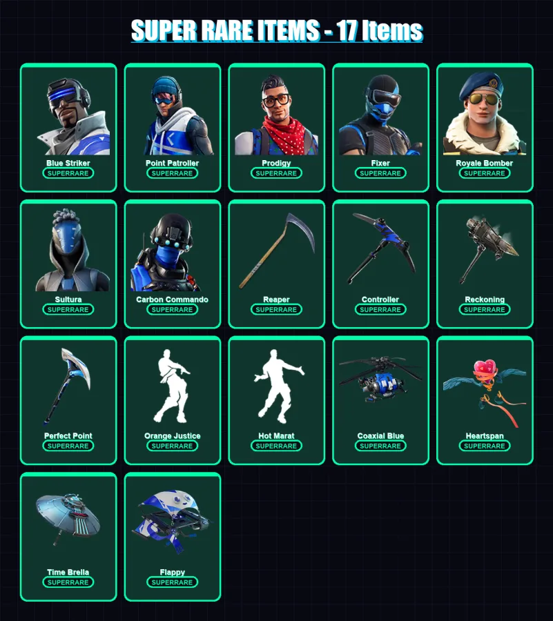 [PS4/PS5/XBOX/PC] | Blue Striker | Point Patroller | Prodigy | Fixer | Royale Bomber | 71 skin | 83 pickaxe | 66 emote | 77 glider | Lv1198