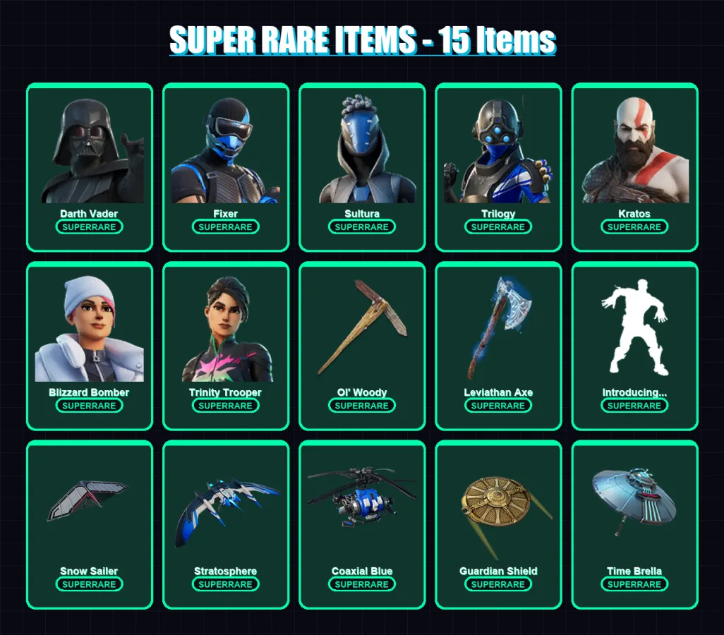 [PC] | Darth Vader | Fixer | Sultura | Trilogy | Kratos | 223 skin | 292 pickaxe | 208 emote | 200 glider | Lv5227