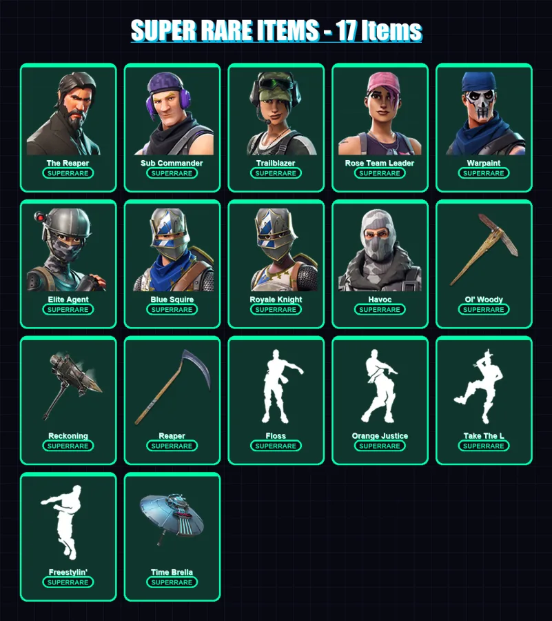 [PC/PSN] | The Reaper | Sub Commander | Trailblazer | Rose Team Leader | Warpaint | 70 skin | 59 pickaxe | 72 emote | 64 glider | Lv735