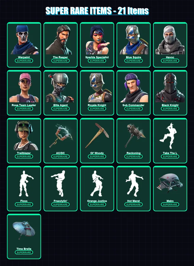 [PC/XBOX/PSN] | Warpaint | The Reaper | Sparkle Specialist | Blue Squire | Havoc | 54 skin | 46 pickaxe | 74 emote | 58 glider | Lv979