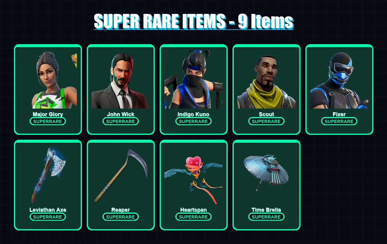 [PS4/PS5/XBOX/PC] | Major Glory | John Wick | Indigo Kuno | Scout | Fixer | 407 skin | 302 pickaxe | 192 emote | 193 glider | Lv3148