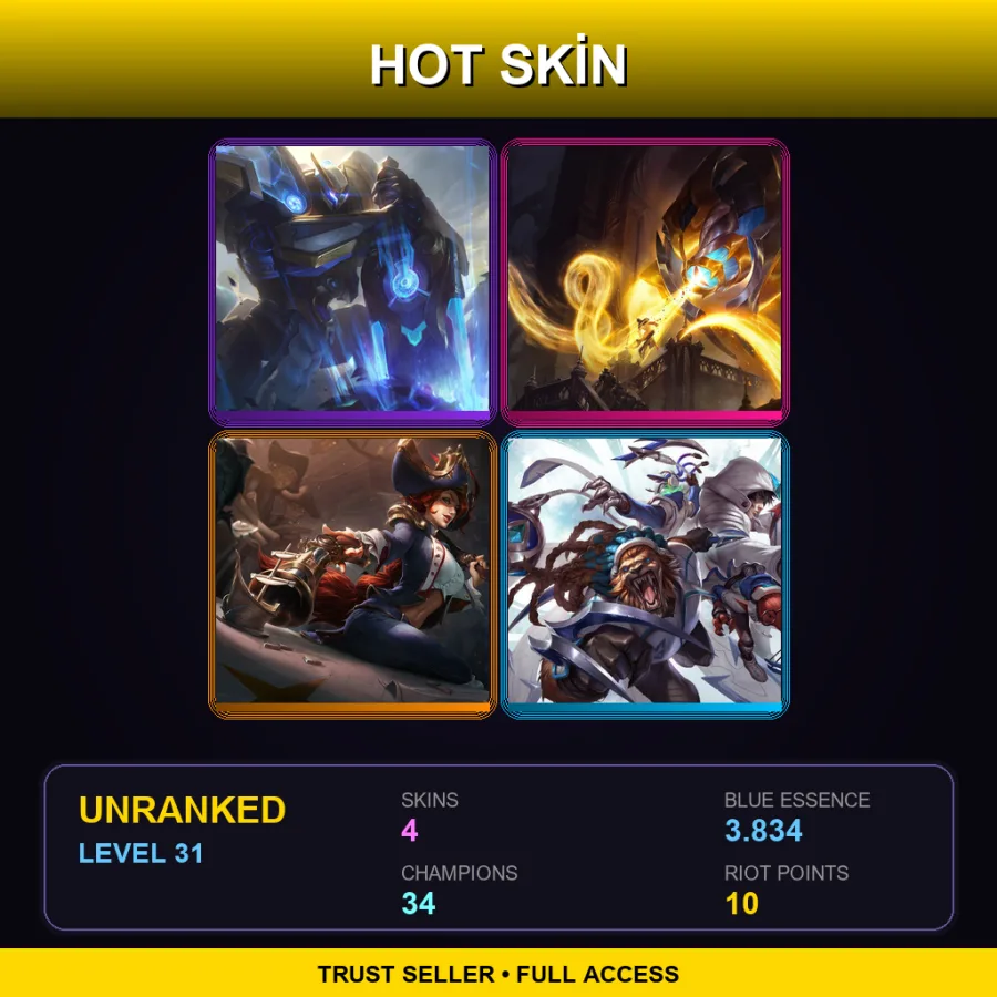 EUW | Lv31 | Unranked | 4 Skin | 34 Champ — LoL account