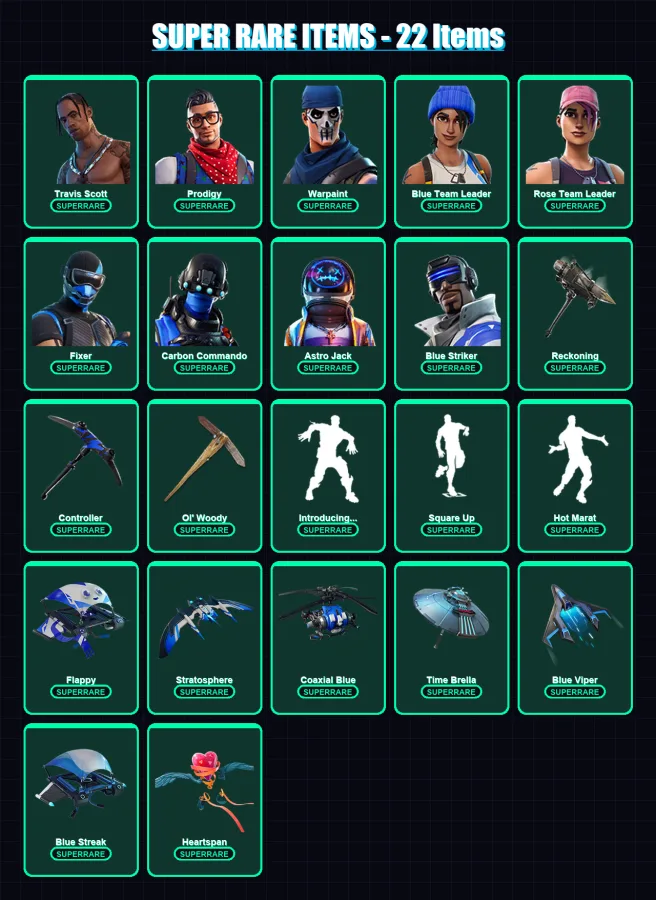 [PC/XBOX/PSN] | Travis Scott | Prodigy | Warpaint | Blue Team Leader | Rose Team Leader | 127 skin | 161 pickaxe | 120 emote | 144 glider | Lv2199
