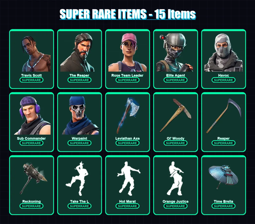 [PC/XBOX] | Travis Scott | The Reaper | Rose Team Leader | Elite Agent | Havoc | 164 skin | 182 pickaxe | 141 emote | 152 glider | Lv2367