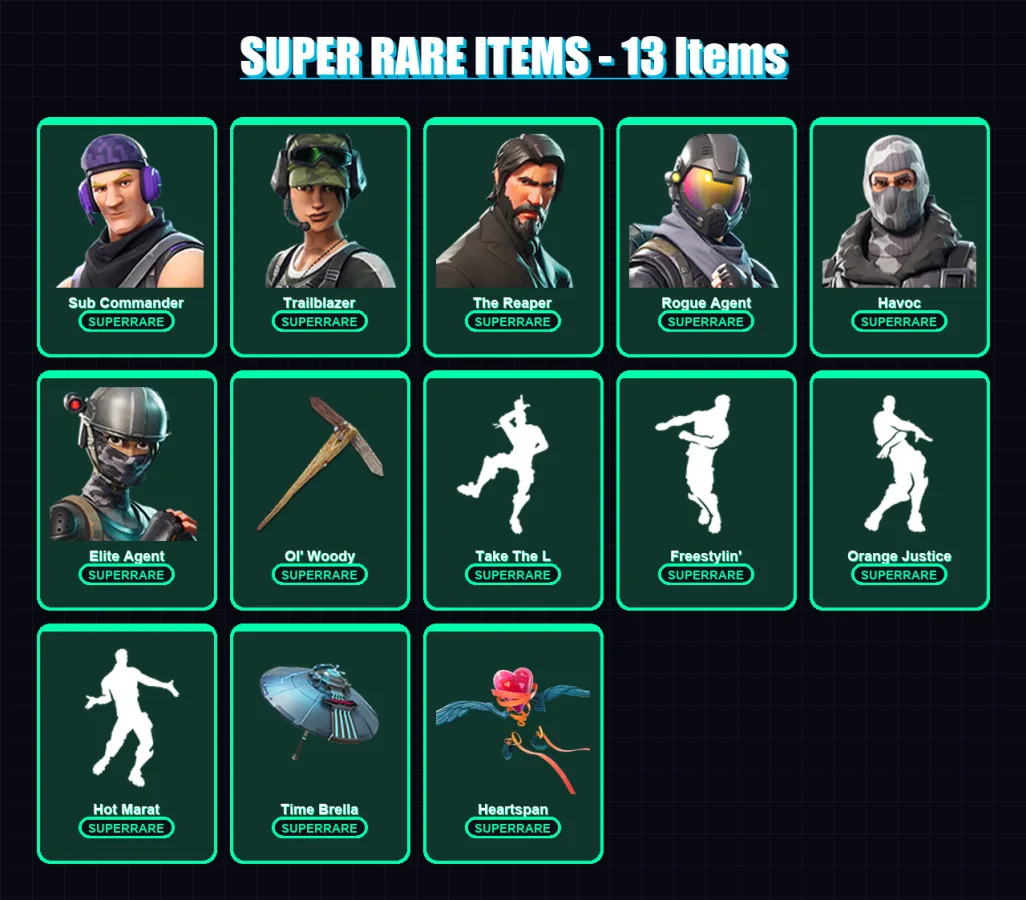 [PC] | Sub Commander | Trailblazer | The Reaper | Rogue Agent | Havoc | 70 skin | 81 pickaxe | 82 emote | 73 glider | Lv1086
