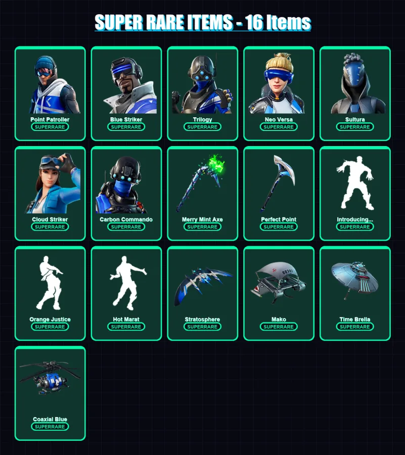 [PC/XBOX] | Point Patroller | Blue Striker | Trilogy | Neo Versa | Sultura | 69 skin | 98 pickaxe | 86 emote | 102 glider | Lv1529 — Fortnite account