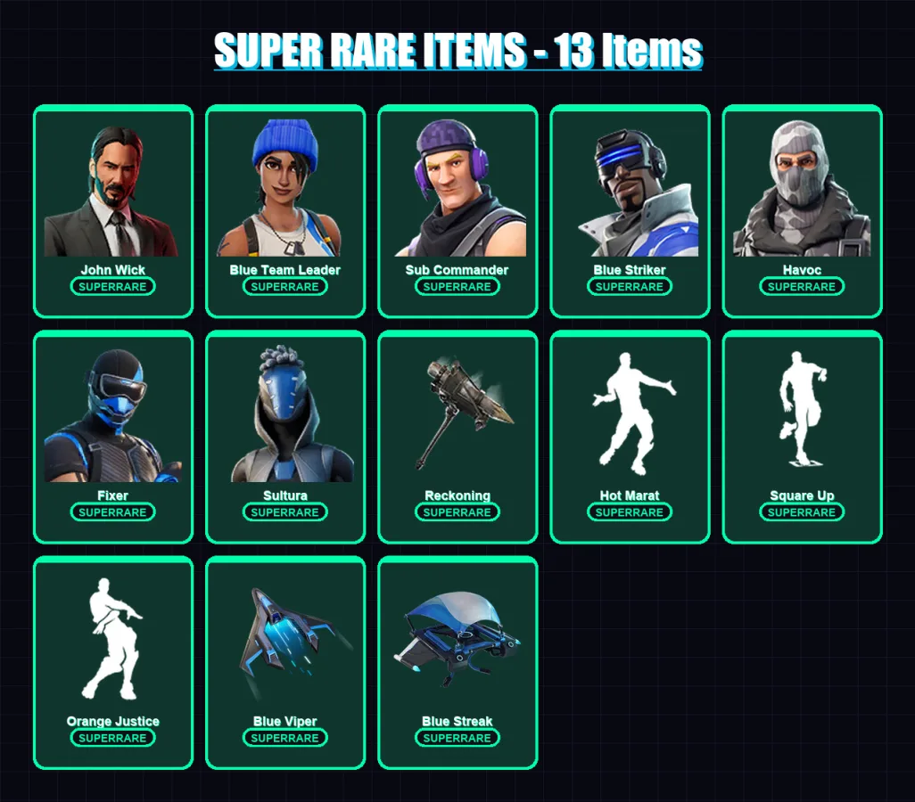 [PS4/PS5/XBOX/PC] | John Wick | Blue Team Leader | Sub Commander | Blue Striker | Havoc | 63 skin | 91 pickaxe | 81 emote | 89 glider | Lv1463