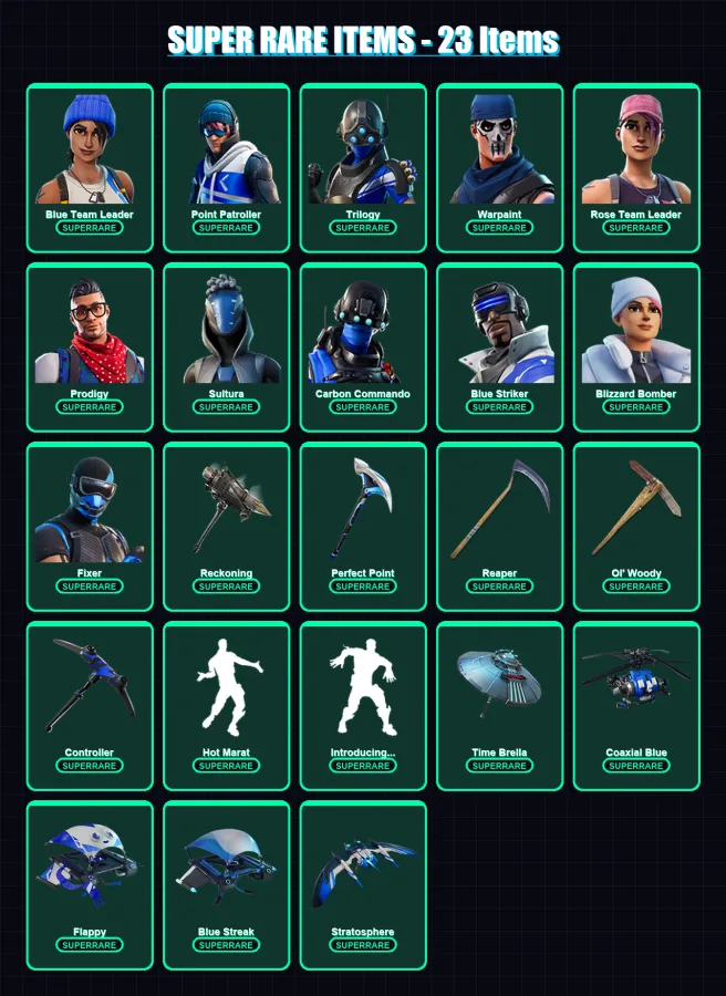 [PC/XBOX] | Blue Team Leader | Point Patroller | Trilogy | Warpaint | Rose Team Leader | 198 skin | 274 pickaxe | 210 emote | 222 glider | Lv3255