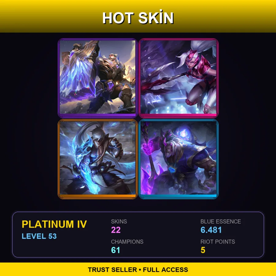 EUW | Victorious Braum | Challenger Nidalee | Storm Dragon Lee Sin | Spirit Blossom Yorick | 22 Skin | 61 Champ | Platinum IV | Lv53