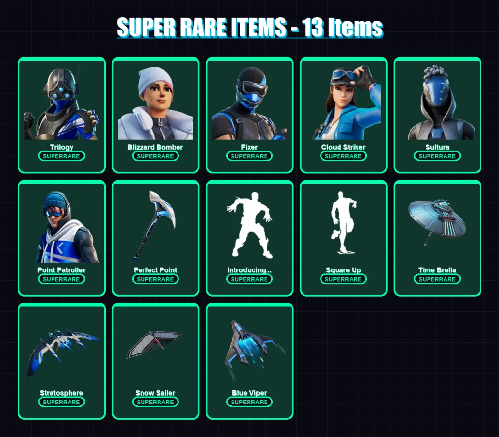 [PS4/PS5/XBOX/PC] | Trilogy | Blizzard Bomber | Fixer | Cloud Striker | Sultura | 59 skin | 93 pickaxe | 65 emote | 92 glider | Lv1479