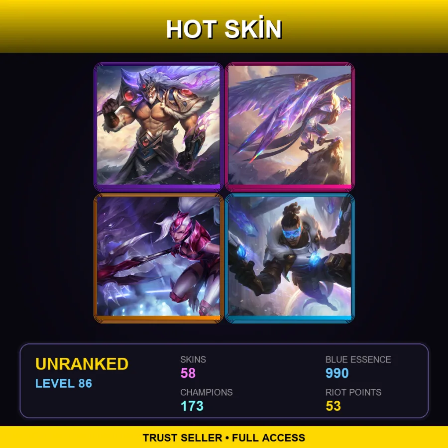TW | Victorious Tryndamere | Victorious Anivia | Challenger Nidalee | Pulsefire Lucian | 58 Skin | 173 Champ | Lv86