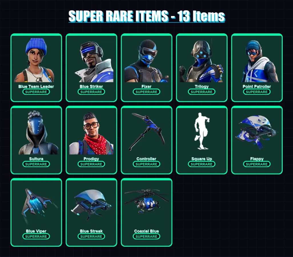 [PS4/PS5/XBOX/PC] | Blue Team Leader | Blue Striker | Fixer | Trilogy | Point Patroller | 16 skin | 40 pickaxe | 31 emote | 45 glider | Lv537