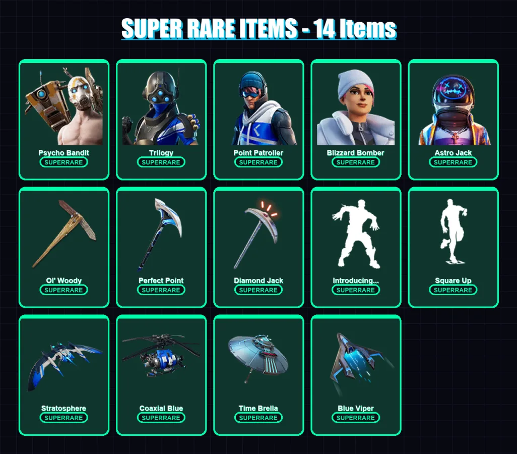[PS4/PS5/XBOX/PC] | Psycho Bandit | Trilogy | Point Patroller | Blizzard Bomber | Astro Jack | 72 skin | 124 pickaxe | 90 emote | 86 glider | Lv1051