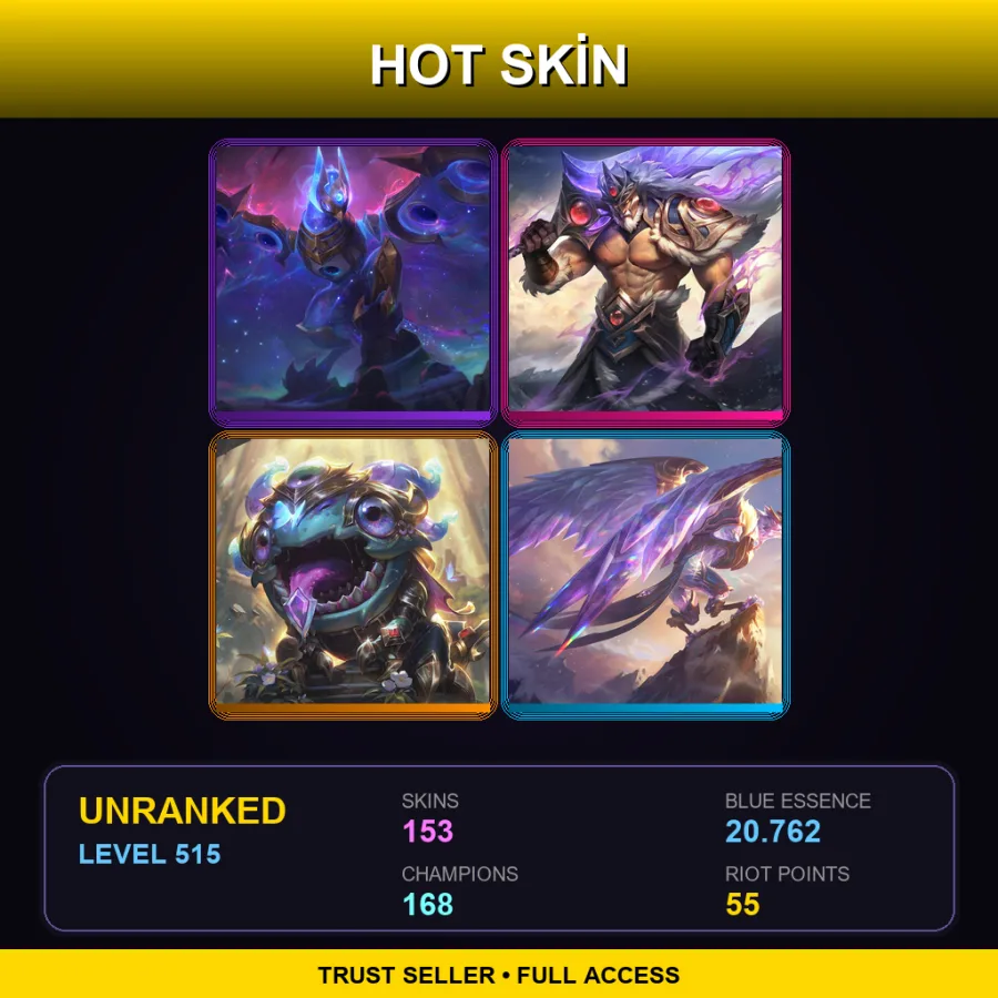 EUW | Lv515 | Unranked | 153 Skin | 168 Champ — LoL account