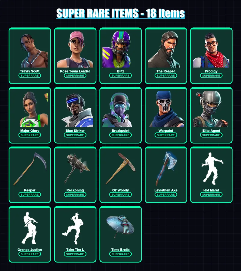 [PC] | Travis Scott | Rose Team Leader | Blitz | The Reaper | Prodigy | 152 skin | 139 pickaxe | 112 emote | 124 glider | Lv2141