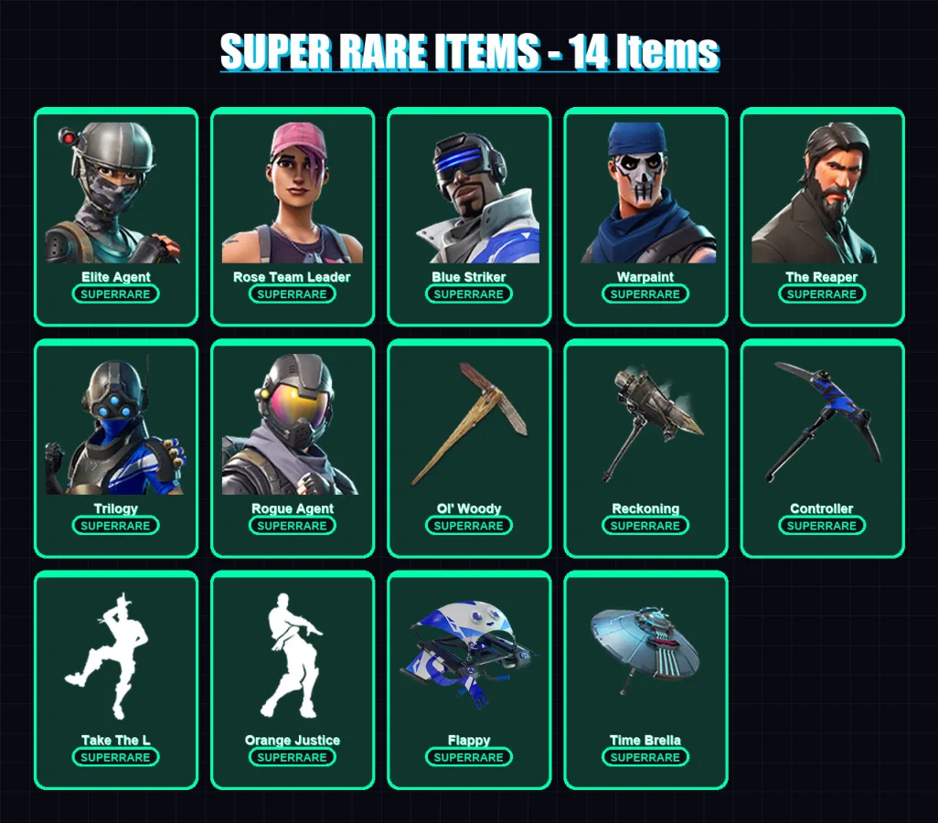 [PS4/PS5/XBOX/PC] | Elite Agent | Rose Team Leader | Blue Striker | Warpaint | The Reaper | 91 skin | 87 pickaxe | 94 emote | 96 glider | Lv1185