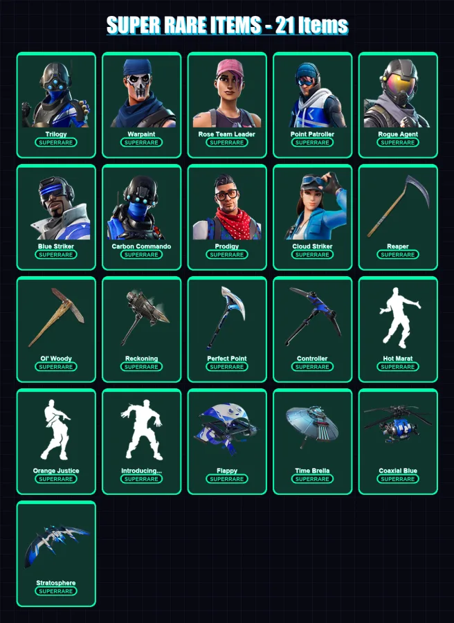 [PC/XBOX/PSN] | Trilogy | Warpaint | Rose Team Leader | Point Patroller | Rogue Agent | 126 skin | 93 pickaxe | 132 emote | 98 glider | Lv1291