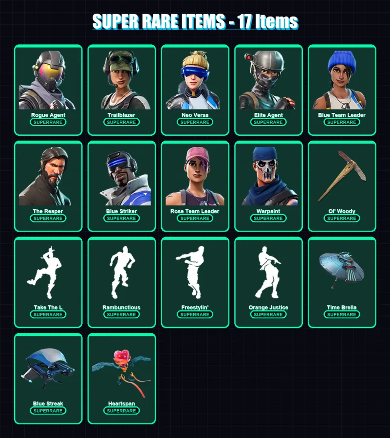 [PS4/PS5/XBOX/PC] | Rogue Agent | Trailblazer | Neo Versa | Elite Agent | Blue Team Leader | 56 skin | 49 pickaxe | 71 emote | 58 glider | Lv670