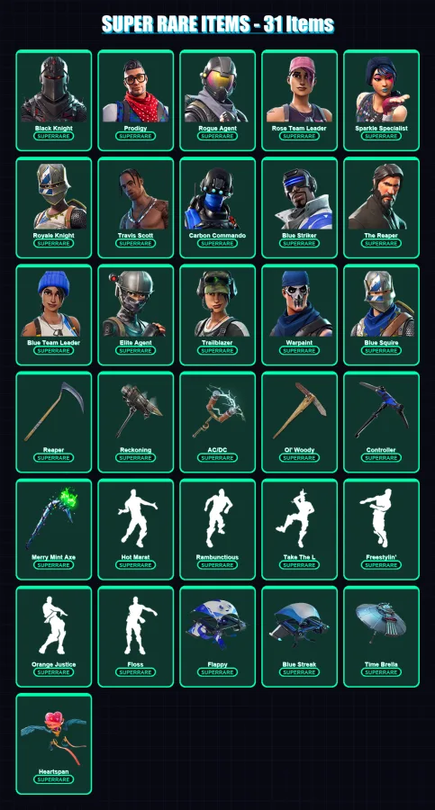 [PC] | Black Knight | Prodigy | Rogue Agent | Rose Team Leader | Sparkle Specialist | 190 skin | 170 pickaxe | 138 emote | 141 glider | Lv2242