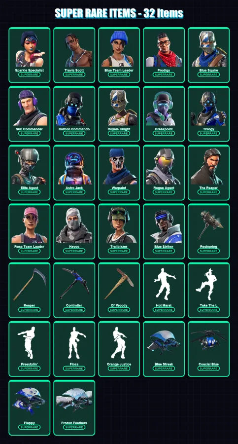 [PC/XBOX/PSN] | Sparkle Specialist | Travis Scott | Blue Team Leader | Prodigy | Blue Squire | 217 skin | 146 pickaxe | 94 emote | 101 glider | Lv12