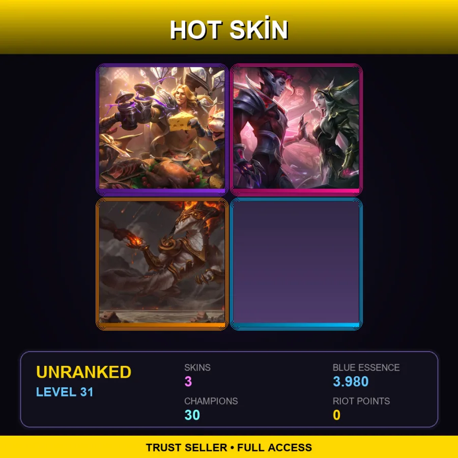 RU | Lv31 | Unranked | 3 Skin | 30 Champ — LoL account