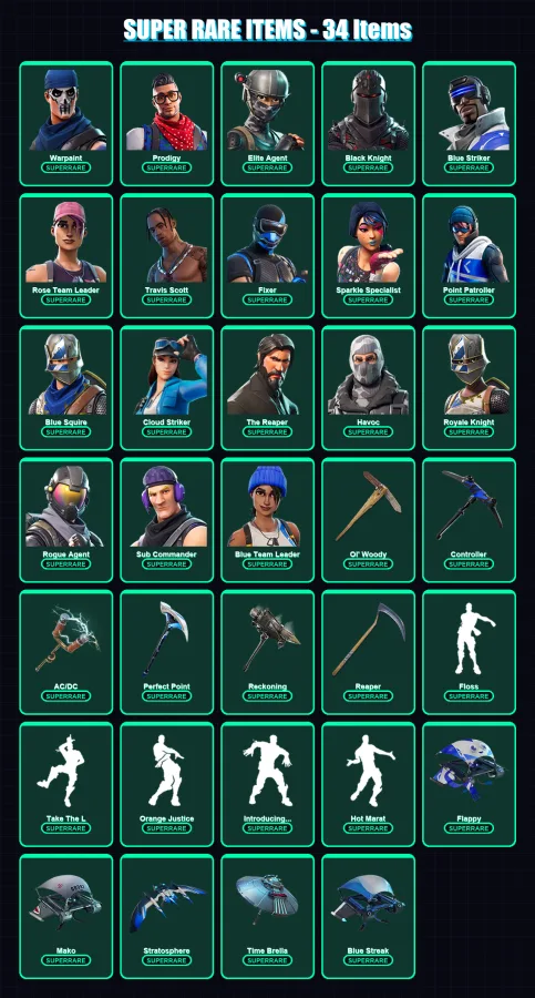 [PS4/PS5/XBOX/PC] | Warpaint | Prodigy | Elite Agent | Black Knight | Blue Striker | 87 skin | 82 pickaxe | 85 emote | 81 glider | Lv1114