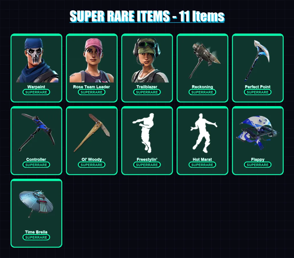 [PC] | Warpaint | Rose Team Leader | Trailblazer | Deadpool | Midas | 70 skin | 142 pickaxe | 144 emote | 117 glider | Lv2174