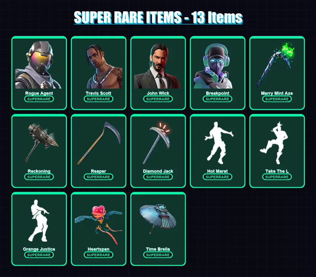 [PC/XBOX] | Rogue Agent | Travis Scott | John Wick | Breakpoint | Rox | 257 skin | 250 pickaxe | 217 emote | 182 glider | Lv3495