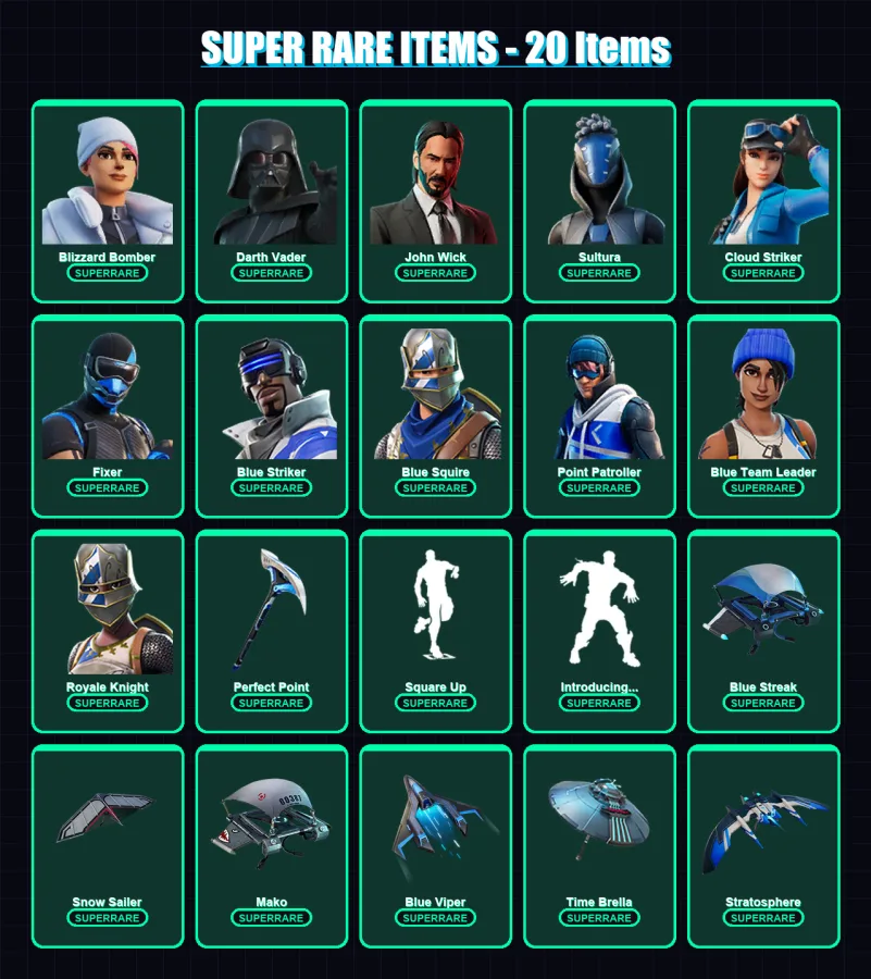 [PS4/PS5/XBOX/PC] | Blizzard Bomber | Darth Vader | John Wick | Sultura | Cloud Striker | 99 skin | 98 pickaxe | 85 emote | 90 glider | Lv1368