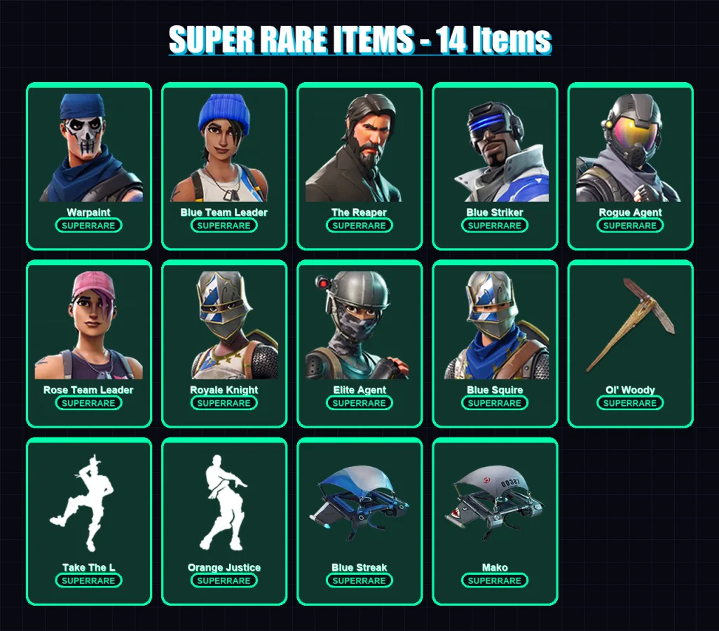[PC/XBOX/PSN] | Warpaint | Blue Team Leader | The Reaper | Blue Striker | Rogue Agent | 31 skin | 19 pickaxe | 31 emote | 24 glider | Lv296