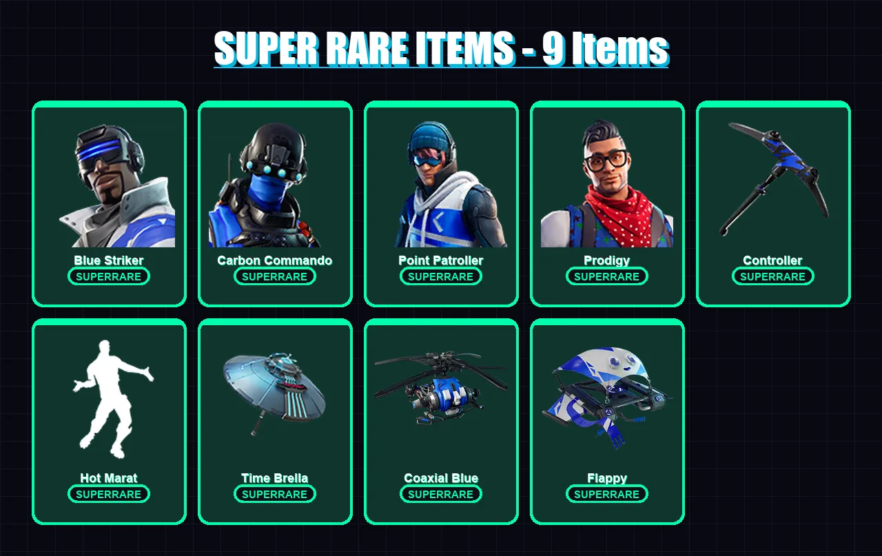 [PC/XBOX] | Blue Striker | Carbon Commando | Point Patroller | Prodigy | Blackheart | 55 skin | 51 pickaxe | 78 emote | 56 glider | Lv776