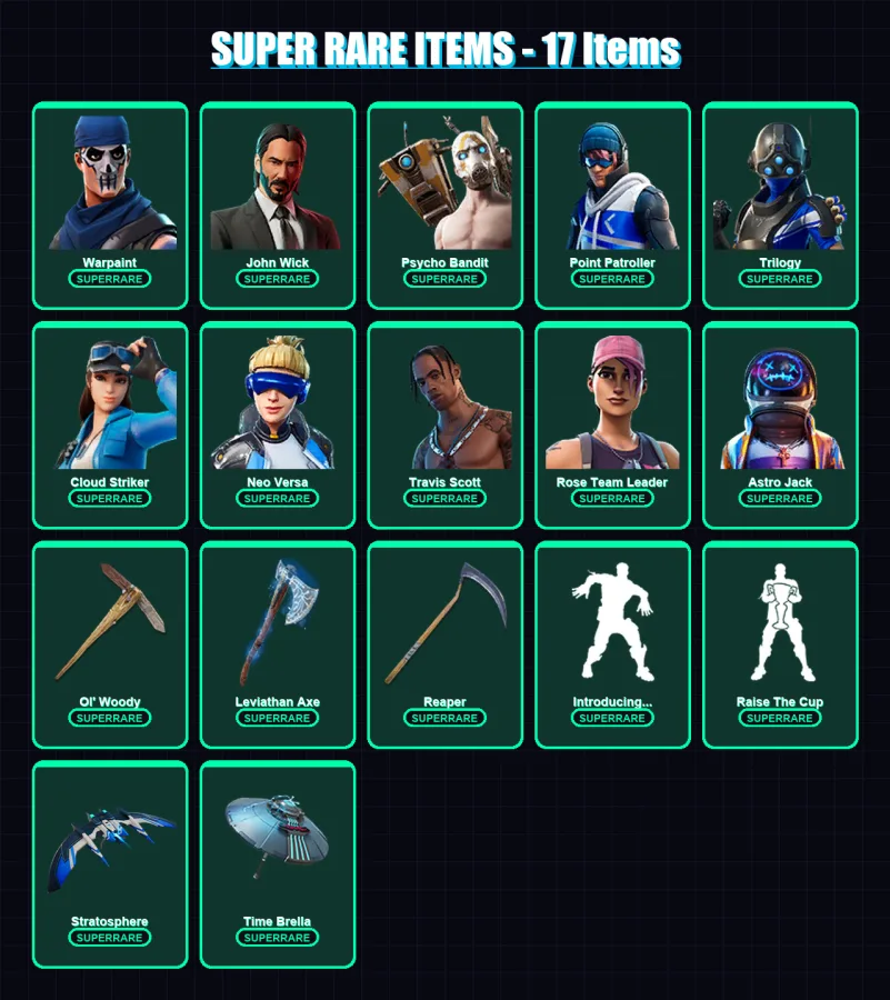 [PC/XBOX/PSN] | Warpaint | John Wick | Psycho Bandit | Point Patroller | Trilogy | 204 skin | 140 pickaxe | 160 emote | 80 glider | Lv1589