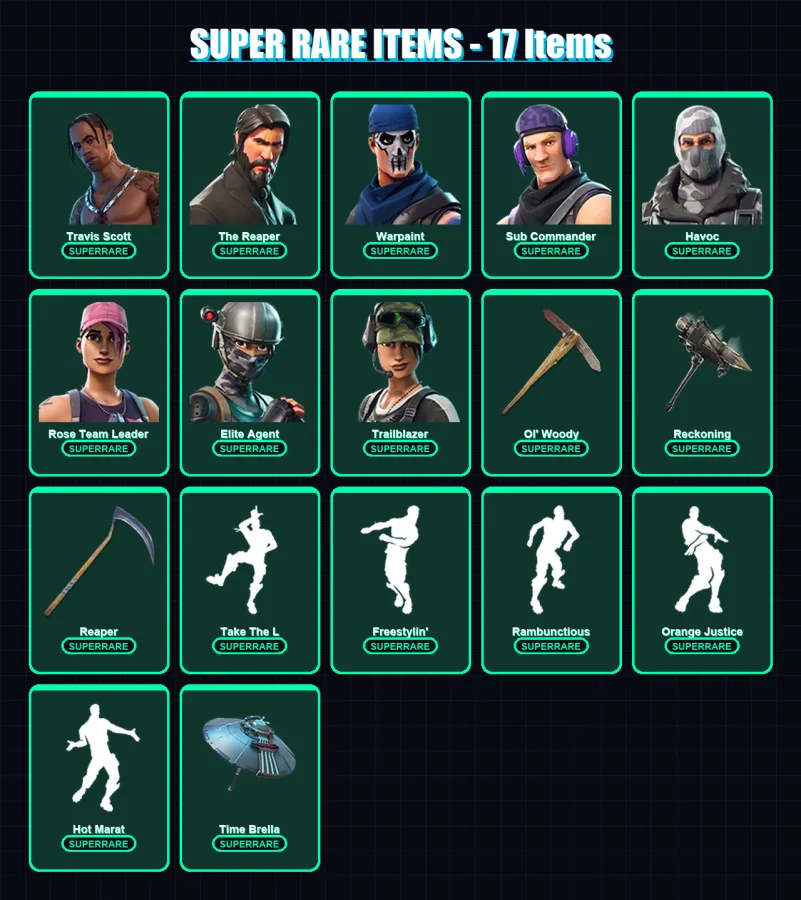 [PS4/PS5/XBOX/PC] | Travis Scott | The Reaper | Warpaint | Sub Commander | Havoc | 227 skin | 162 pickaxe | 152 emote | 130 glider | Lv1986 — Fortnite account