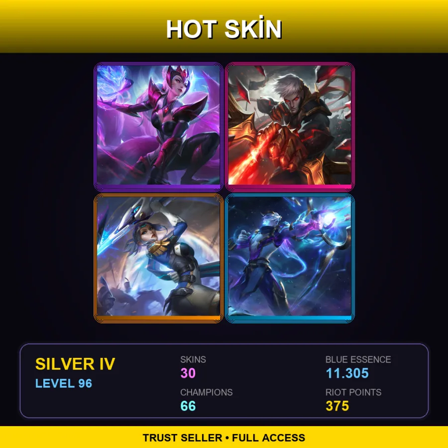 LAS | Challenger Ahri | Conqueror Varus | Pulsefire Fiora | Cosmic Hunter Varus | 30 Skin | 66 Champ | Silver IV | Lv96