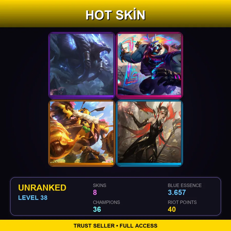 EUW | Lv38 | Unranked | 8 Skin | 36 Champ — LoL account