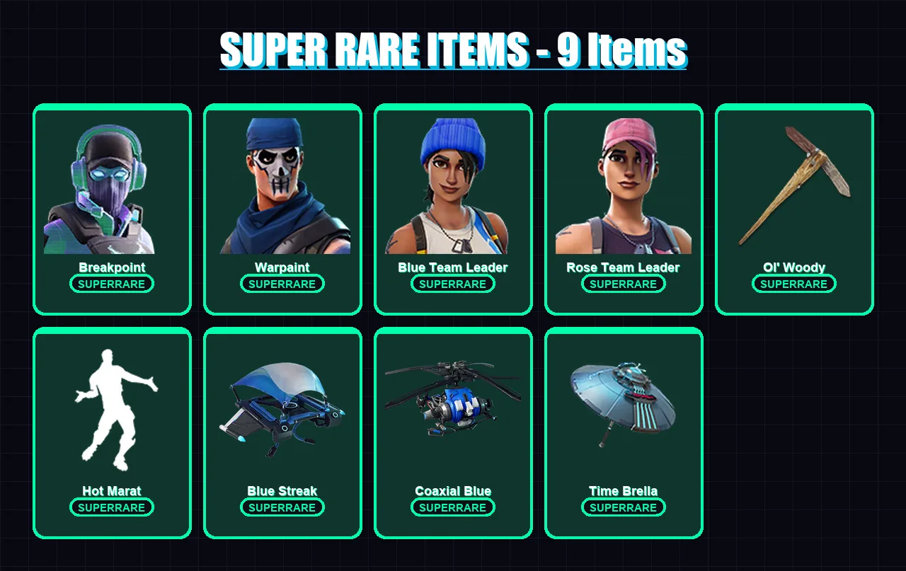 [PS4/PS5/XBOX/PC] | Breakpoint | Warpaint | Blue Team Leader | Rose Team Leader | Ultima Knight | 75 skin | 77 pickaxe | 85 emote | 80 glider | Lv13