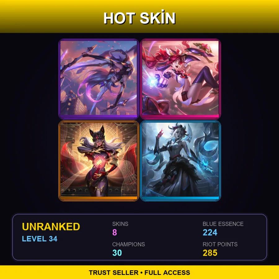 EUW | Lv34 | Unranked | 8 Skin | 30 Champ — LoL account