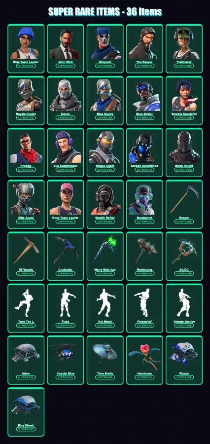 [PC/XBOX/PSN] | Blue Team Leader | John Wick | Warpaint | The Reaper | Trailblazer | 213 skin | 144 pickaxe | 104 emote | 123 glider | Lv1522