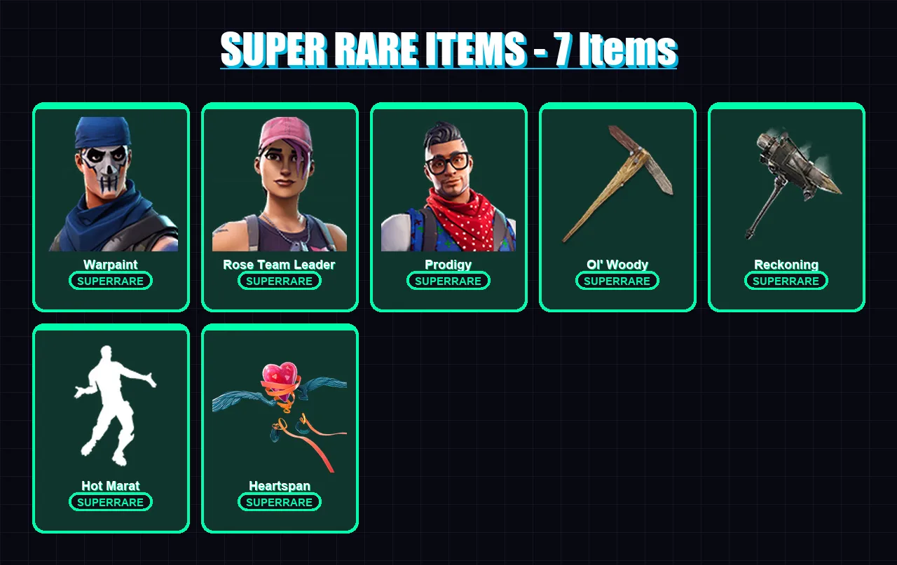 [PC/XBOX/PSN] | Warpaint | Rose Team Leader | Prodigy | Lynx | The Ice King | 27 skin | 30 pickaxe | 42 emote | 31 glider | Lv398