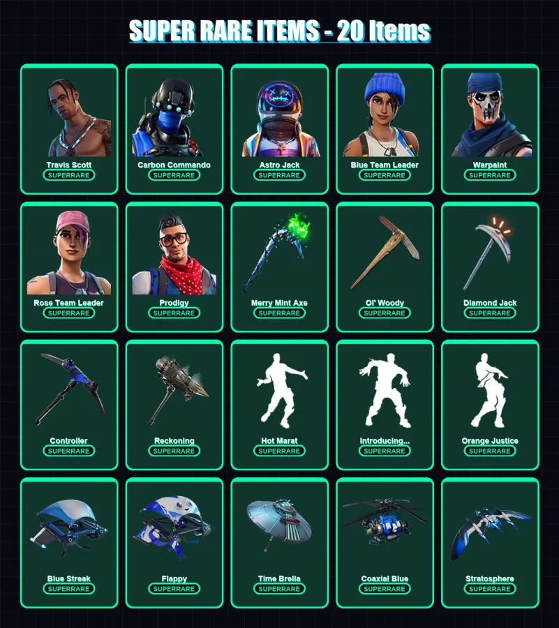 [PS4/PS5/PC] | Travis Scott | Carbon Commando | Astro Jack | Blue Team Leader | Warpaint | 105 skin | 96 pickaxe | 128 emote | 104 glider | Lv1265