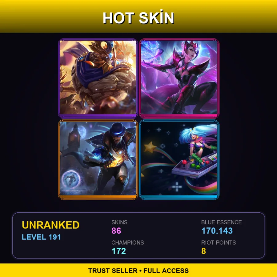 VN | Lv191 | Unranked | 86 Skin | 172 Champ — LoL account