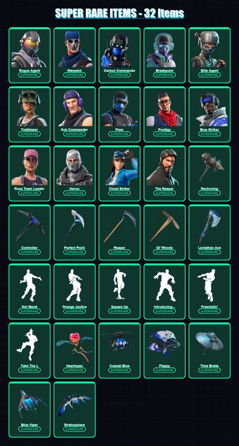 [PC/XBOX] | Rogue Agent | Warpaint | Carbon Commando | Breakpoint | Elite Agent | 225 skin | 193 pickaxe | 186 emote | 173 glider | Lv2536