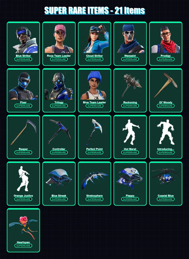 [PS4/PS5/XBOX/PC] | Blue Striker | Rose Team Leader | Cloud Striker | Warpaint | Prodigy | 79 skin | 55 pickaxe | 60 emote | 60 glider | Lv804