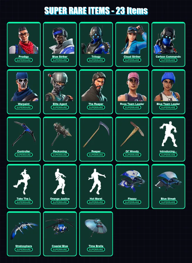[PC/XBOX] | Prodigy | Blue Striker | Trilogy | Cloud Striker | Carbon Commando | 176 skin | 151 pickaxe | 126 emote | 144 glider | Lv1700