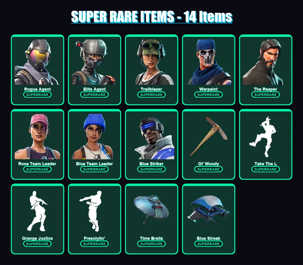 [PC/XBOX] | Rogue Agent | Elite Agent | Trailblazer | Warpaint | The Reaper | 46 skin | 46 pickaxe | 54 emote | 60 glider | Lv1098 — Fortnite account