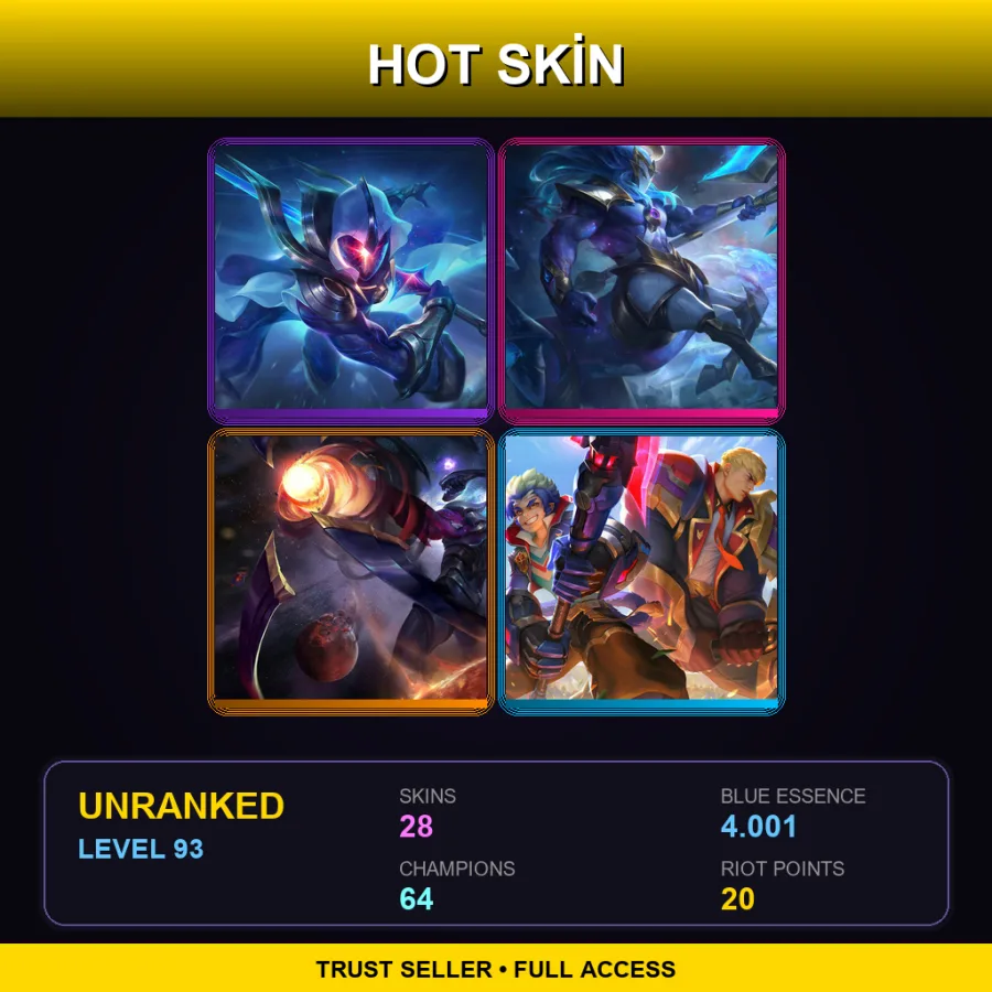 LAN | Lv93 | Unranked | 28 Skin | 64 Champ — LoL account